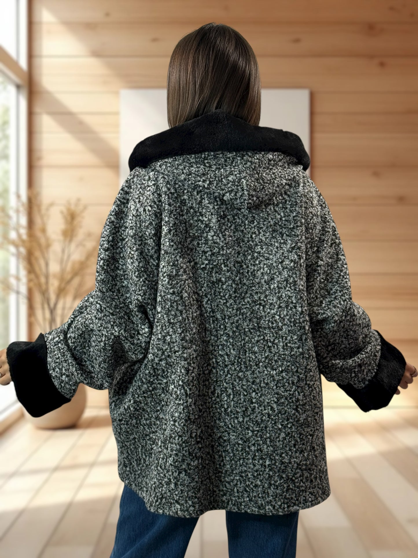 DAISY - VESTE OVERSIZE A CAPUCHE GRIS CHINE JUSQU'A LA TAILLE 56