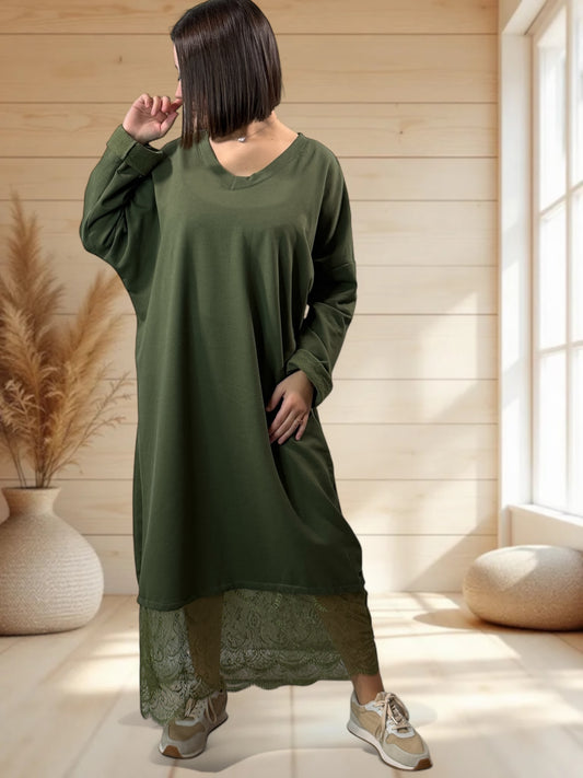 NATALIA - ROBE KAKI AVEC DENTELLE JUSQU'A LA TAILLE 54