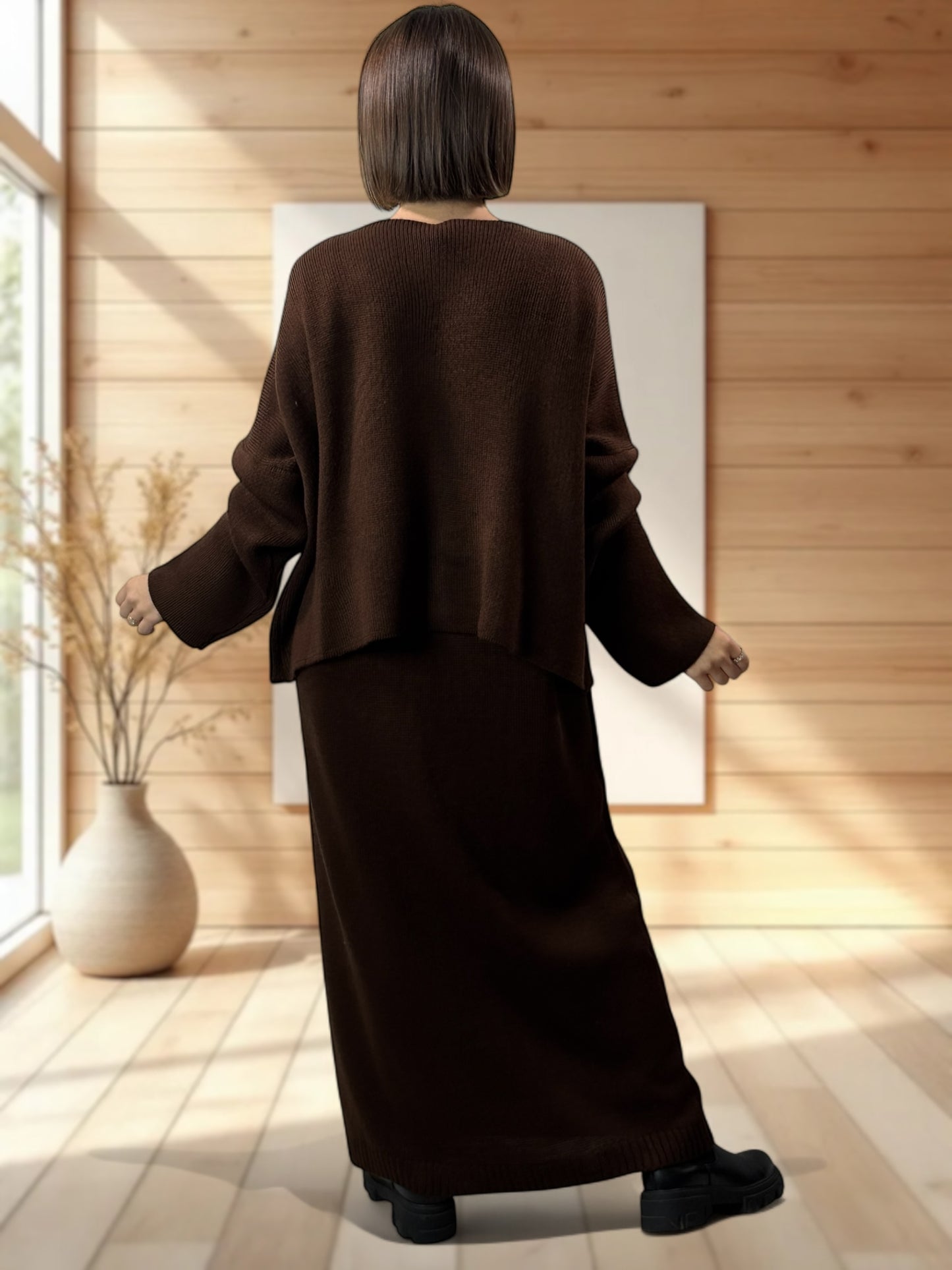 GABRIELA - ENSEMBLE MARRON EN MAILLE ROBE ET GILET JUSQU'A LA TAILLE 48