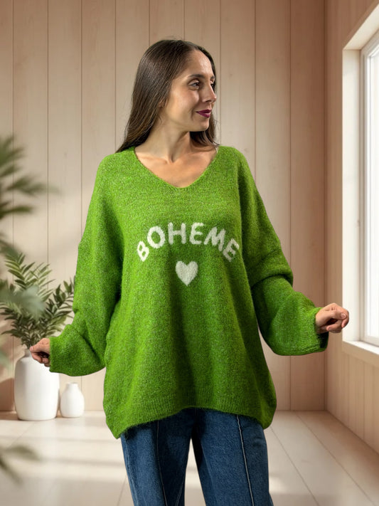 CLAUDIO - PULL VERT LOGO BOHEME JUSQU'A LA TAILLE 54/56