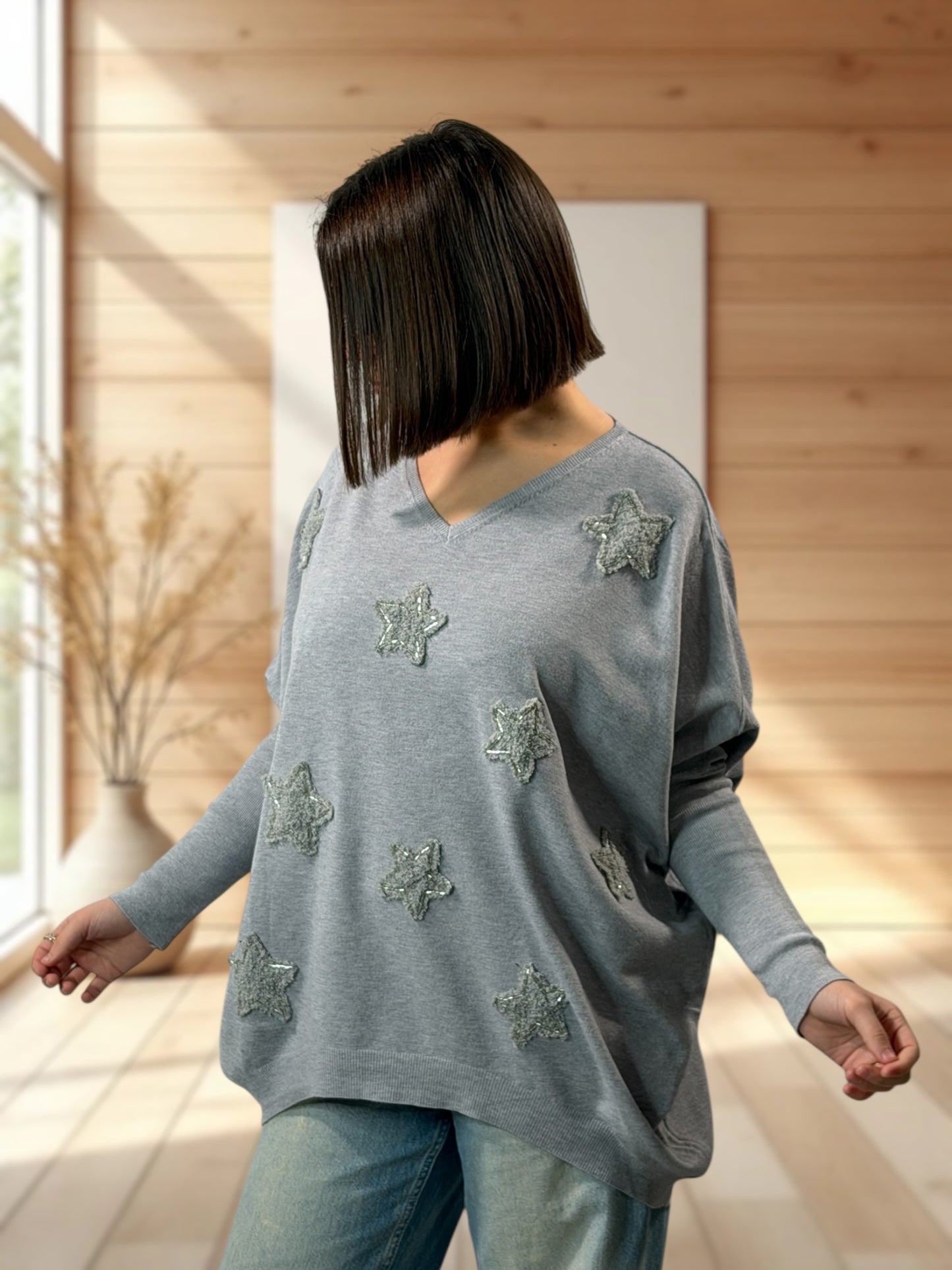 FLOCON - PULL NOIR ETOILE ET PERLE JUSQU'A LA TAILLE 52/54