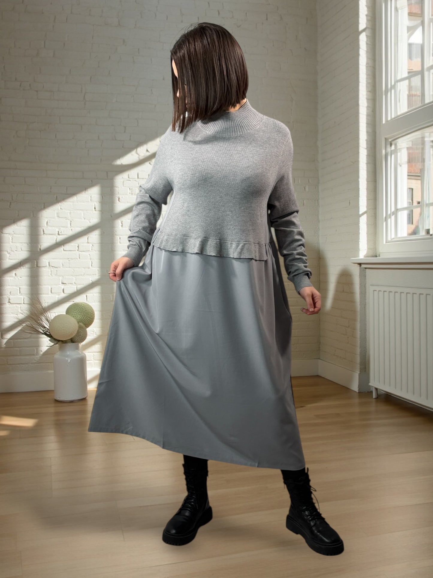 GARANCE - ROBE BI-MATIÈRE GRISE JUSQU'A LA TAILLE 48/50