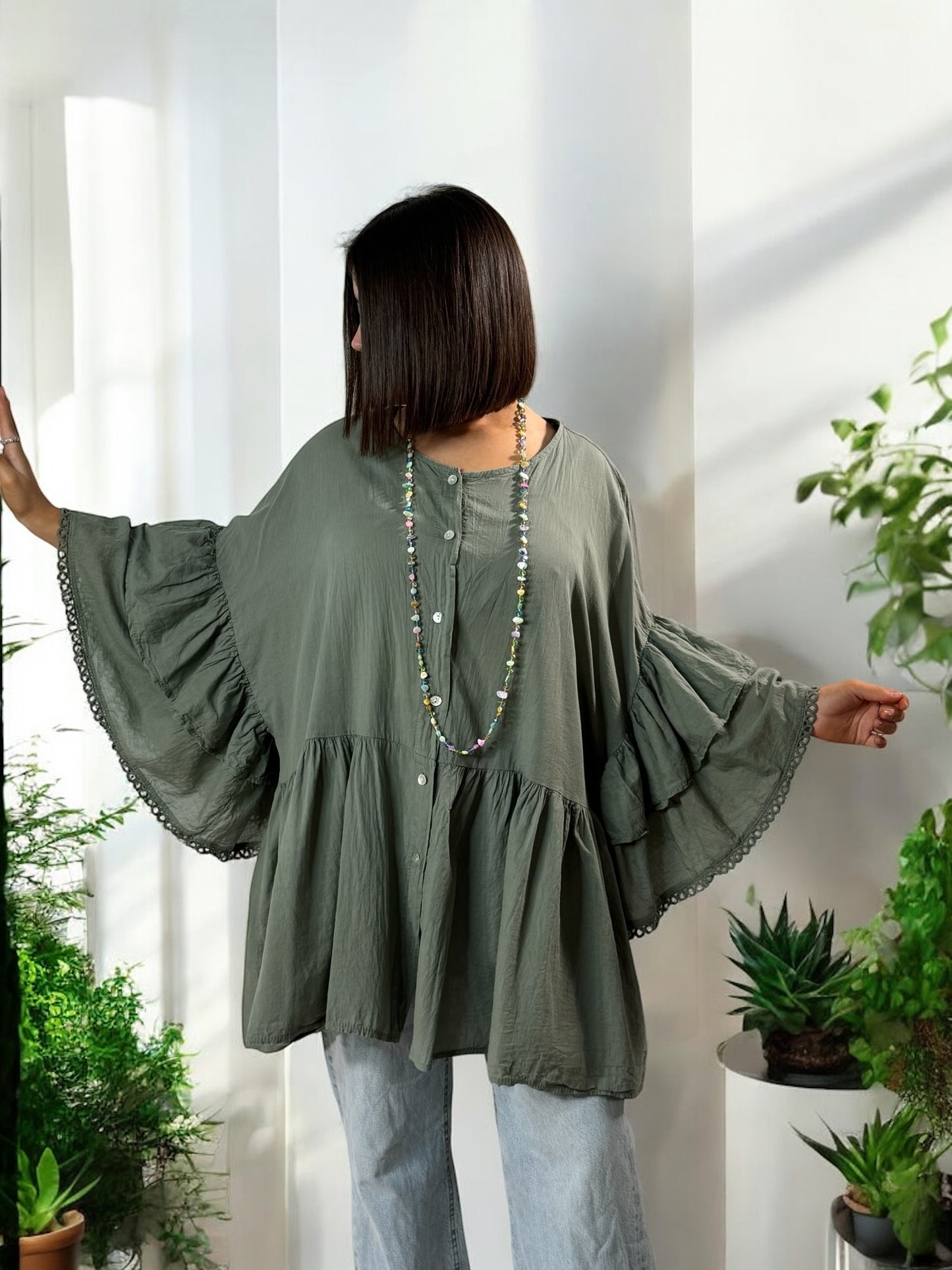 CORALINE - BLOUSE OVERSIZE KAKI EN COTON JUSQU'A LA TAILLE 52/54