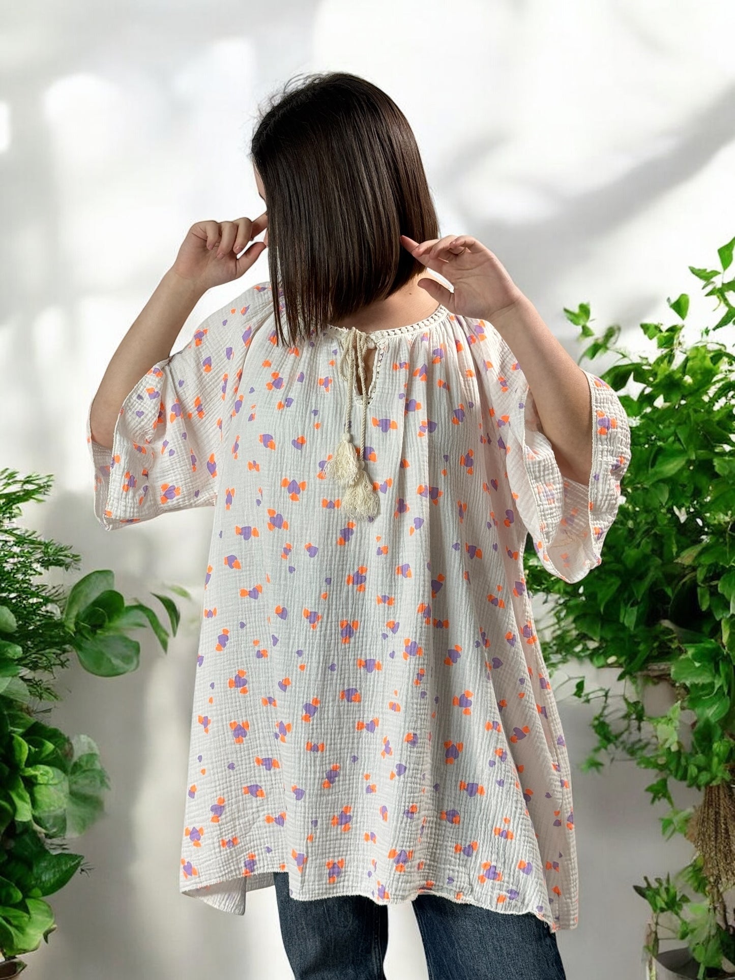 LUCIA - BLOUSE OVERSIZE COEUR LILAS EN COTON JUSQU'A LA TAILLE 56