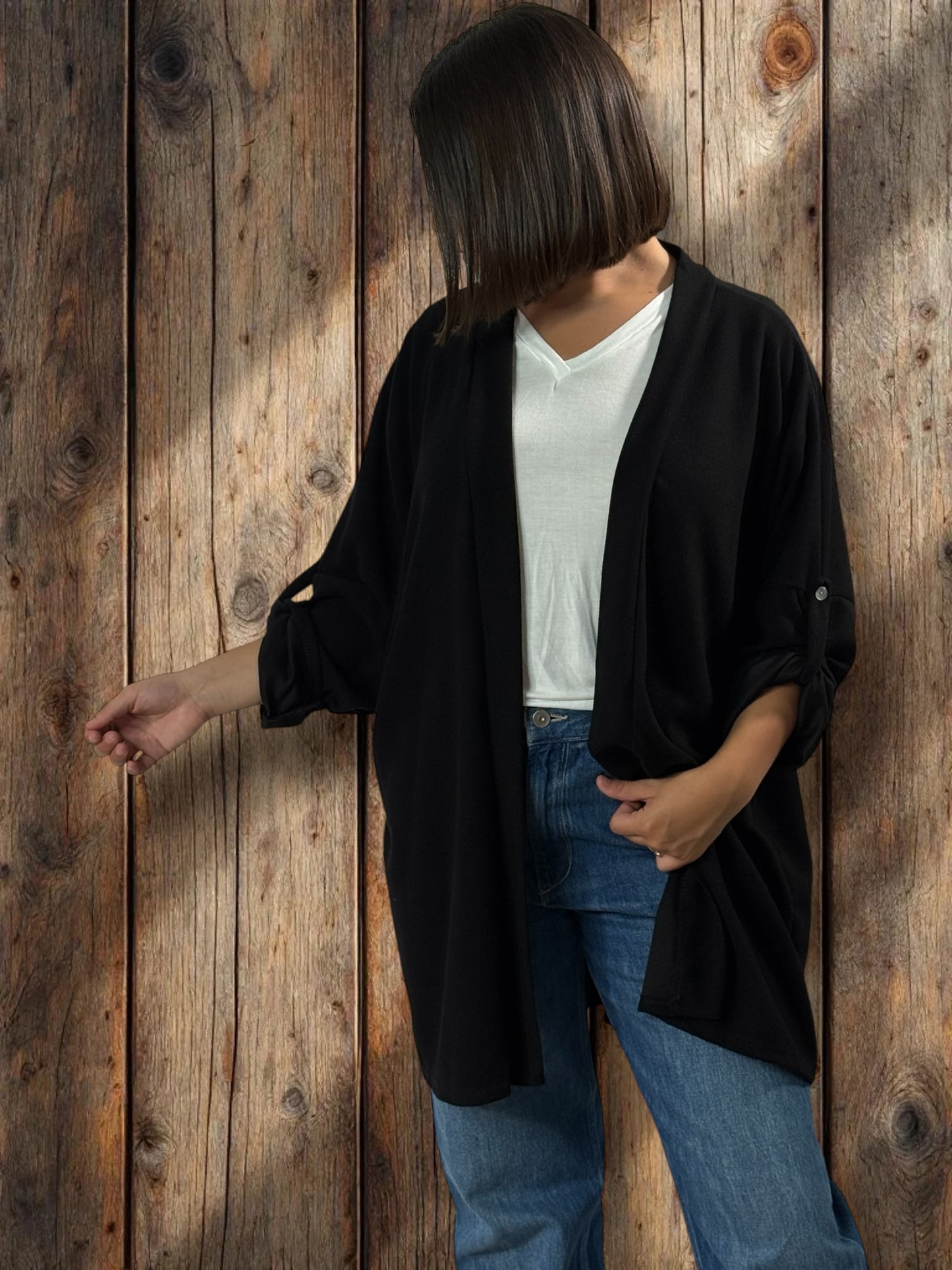 TEDDY - GILET NOIR EN MAILLE OVERSIZE JUSQU'A LA TAILLE 54
