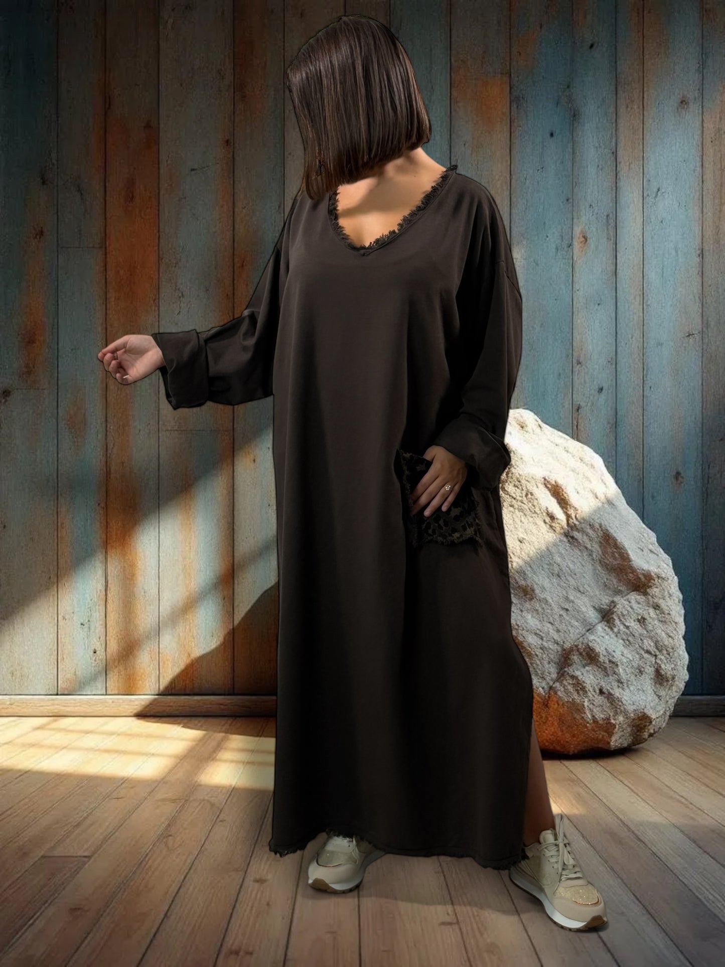 SALOME - ROBE OVERSIZE MARRON POCHE LEOPARD JUSQU'A LA TAILLE 58