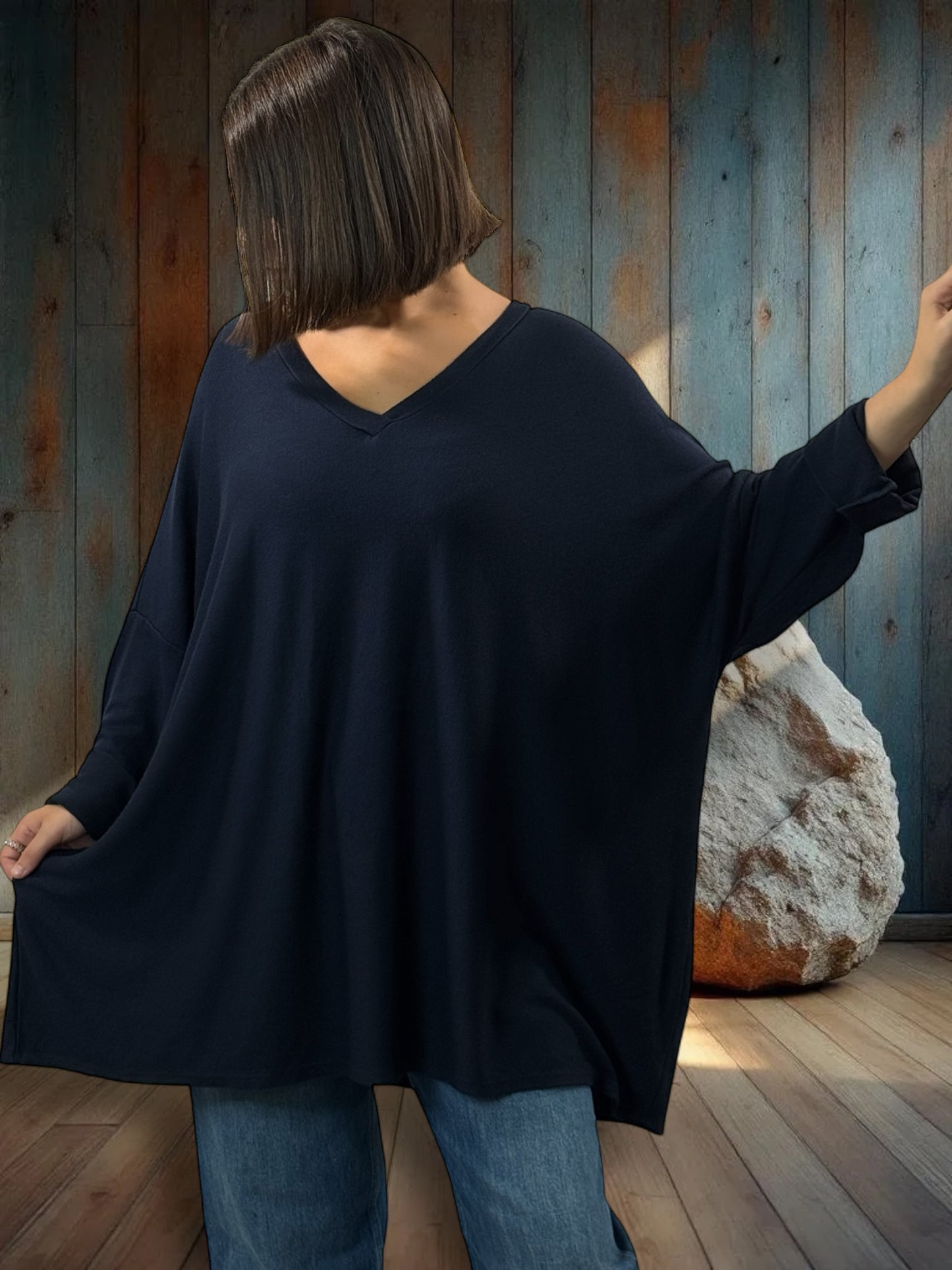 OSCAR - PULL OVERSIZE MARINE EN MAILLE FLUIDE JUSQU'A LA TAILLE 56