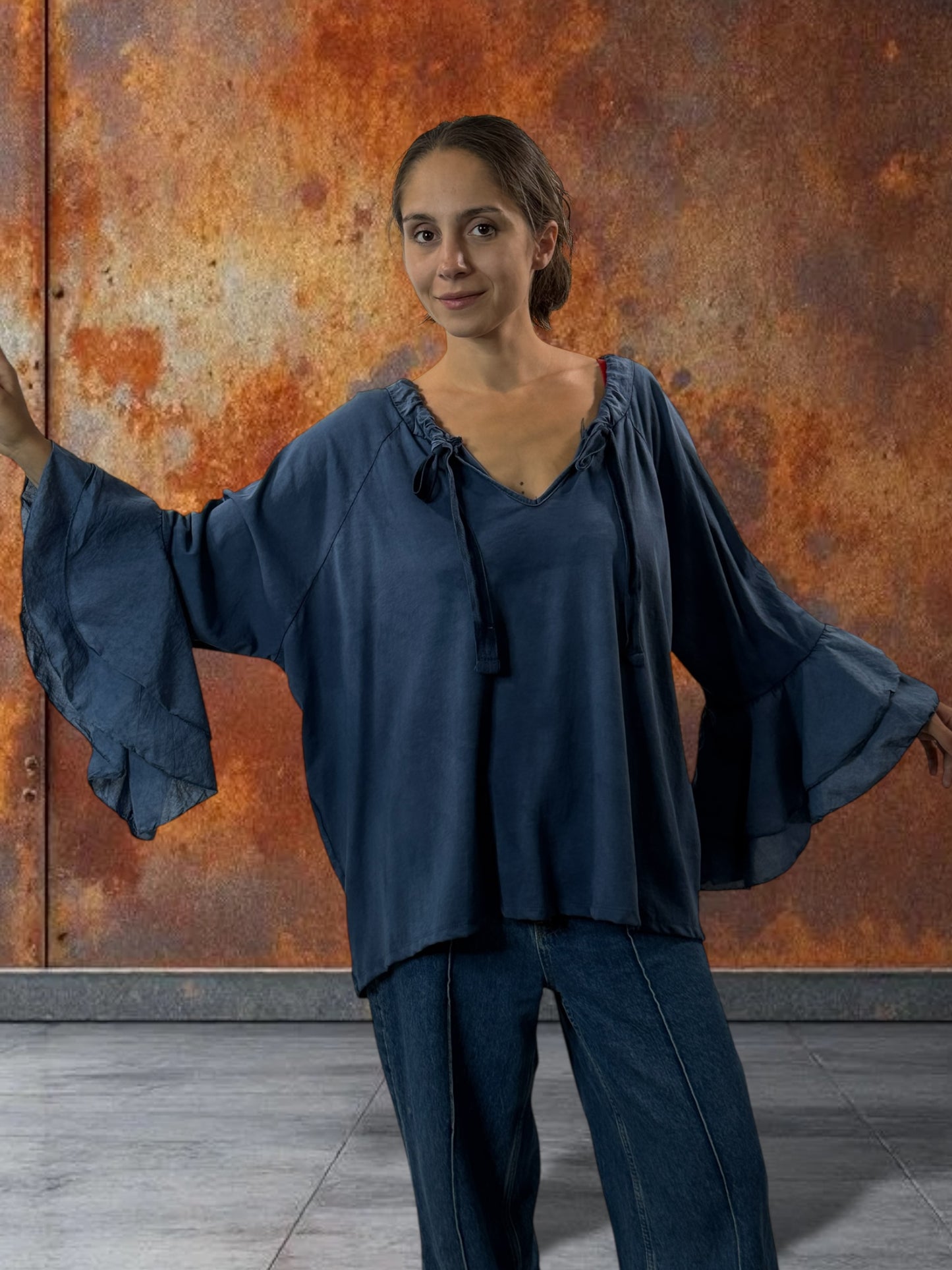 EMILIE - BLOUSE BLEUE EN COTON OVERSIZE JUSQU'A LA TAILLE 52