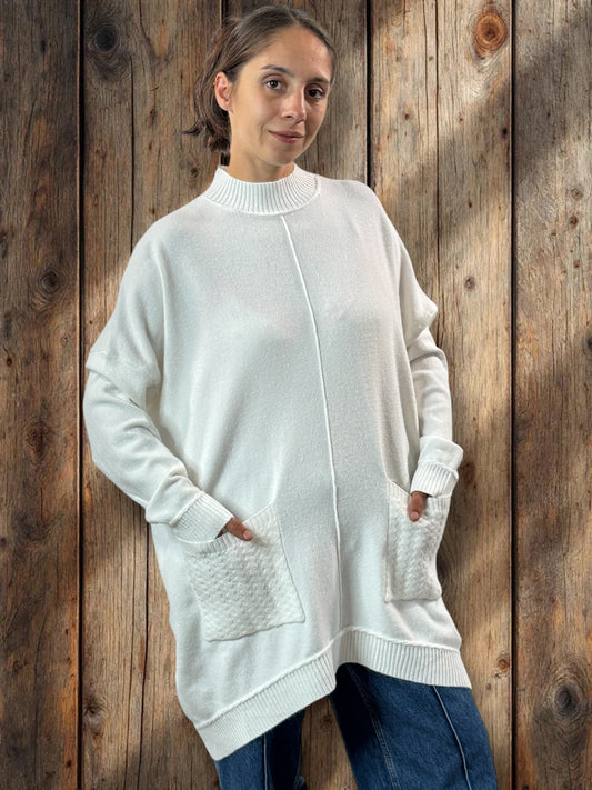 PATOU - PULL BLANC CASSE 2 POCHES JUSQU'A LA TAILLE 54