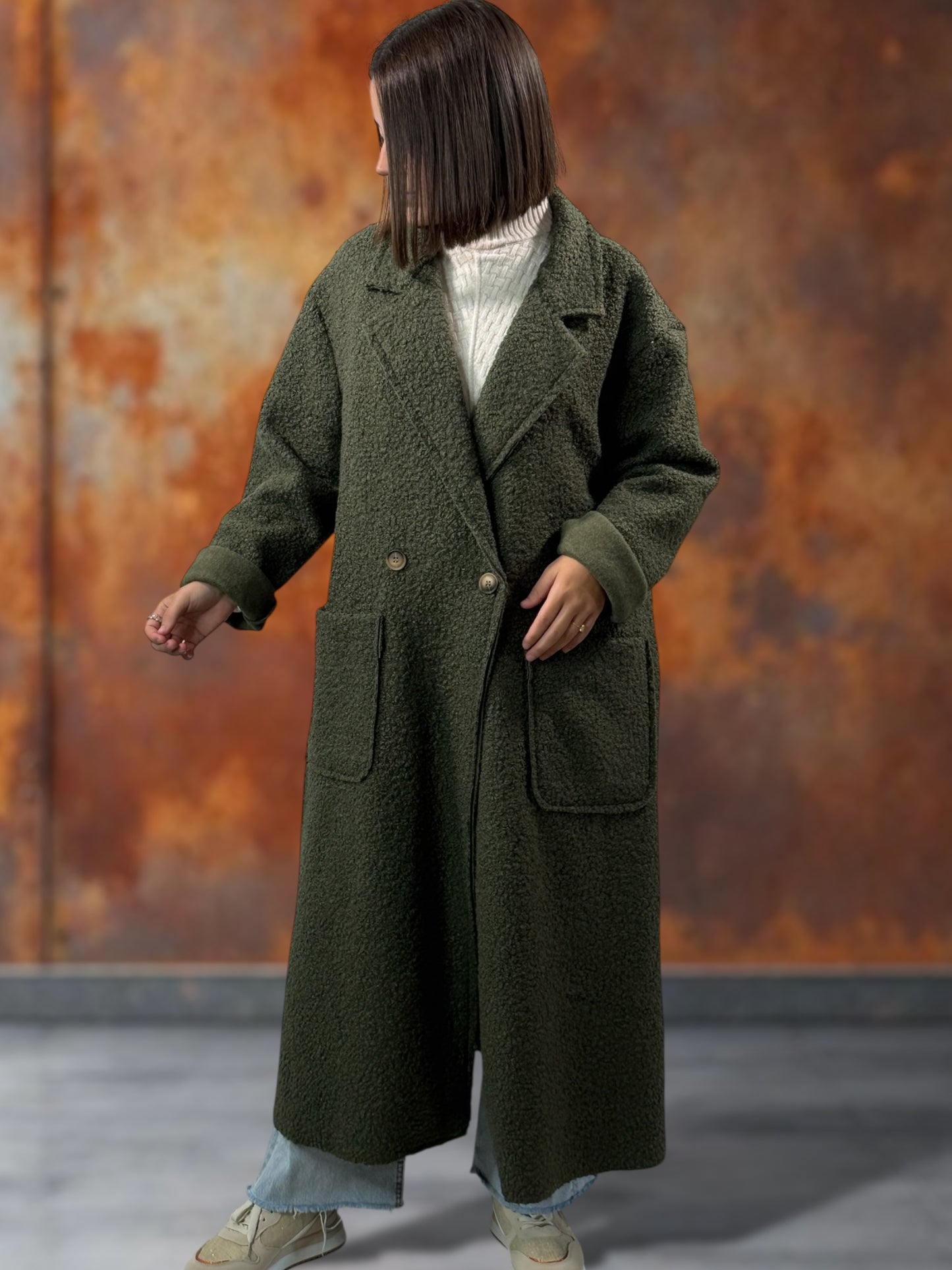 JULIEN - LONG MANTEAU KAKI EN BOUCLETTE JUSQU'A LA TAILLE 50/52