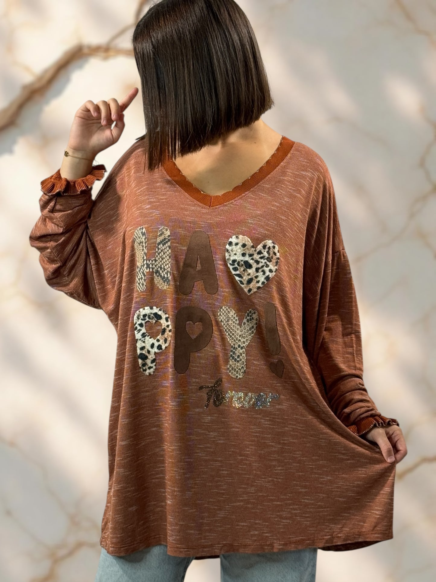 HELLO - PULL ROUX EN MAILLE LOGO HAPPY JUSQU'A LA TAILLE 54