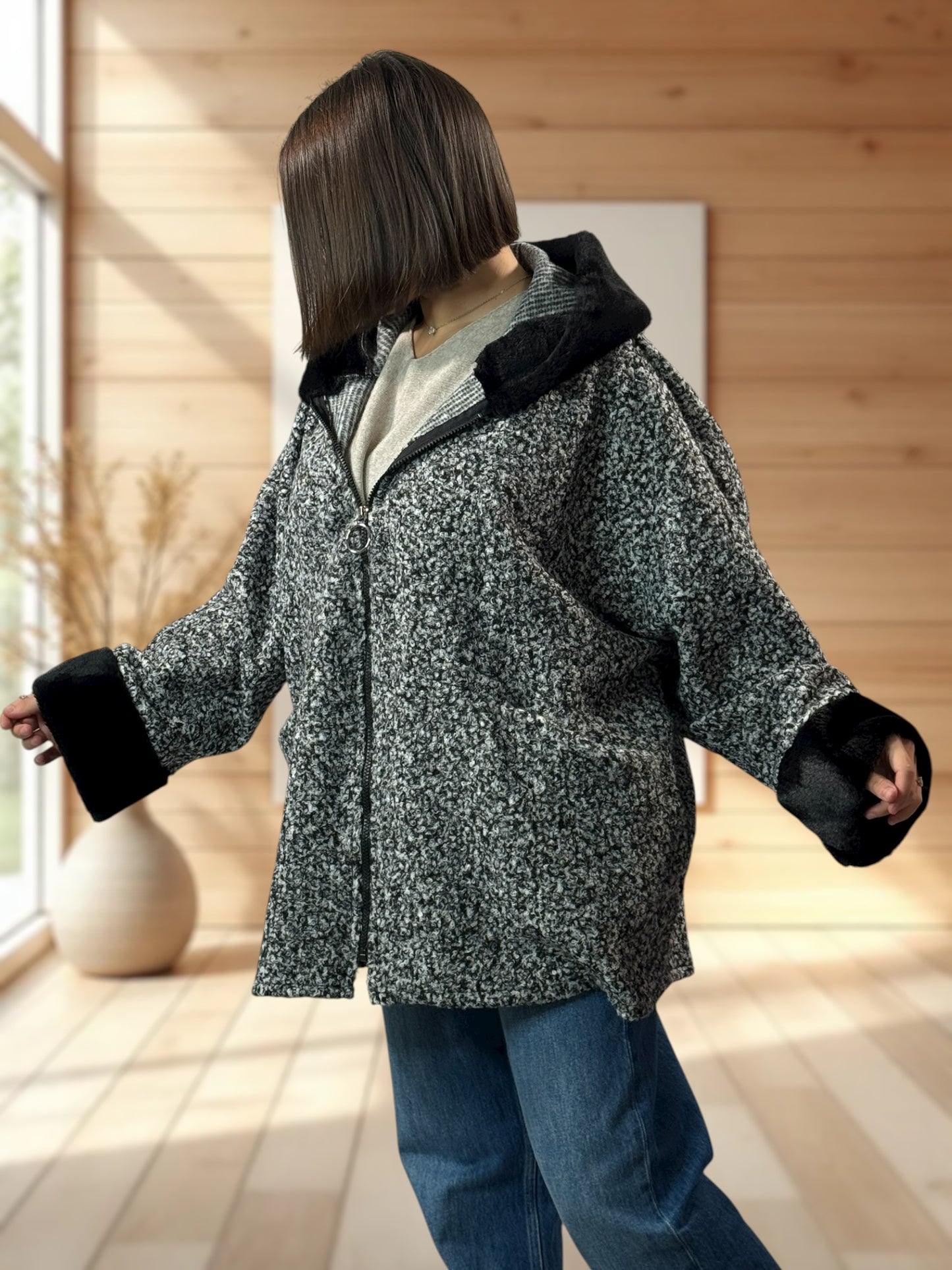 DAISY - VESTE OVERSIZE A CAPUCHE GRIS CHINE JUSQU'A LA TAILLE 56