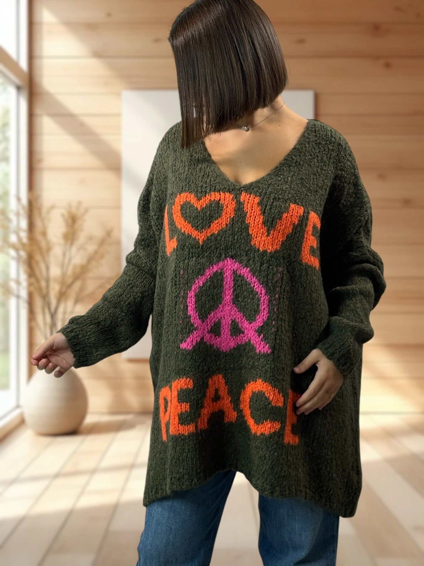 LUCKY - PULL KAKI OVERSIZE PEACE & LOVE JUSQU'A LA TAILLE 56/58