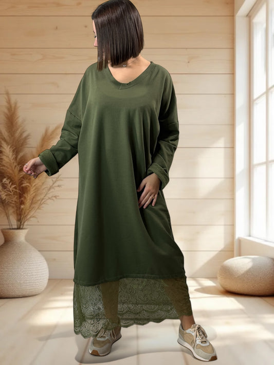 NATALIA - ROBE KAKI AVEC DENTELLE JUSQU'A LA TAILLE 54