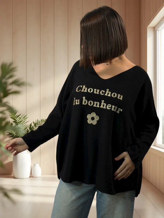 CHOUCHOU - PULL OVERSIZE NOIR JUSQU'A LA TAILLE 54