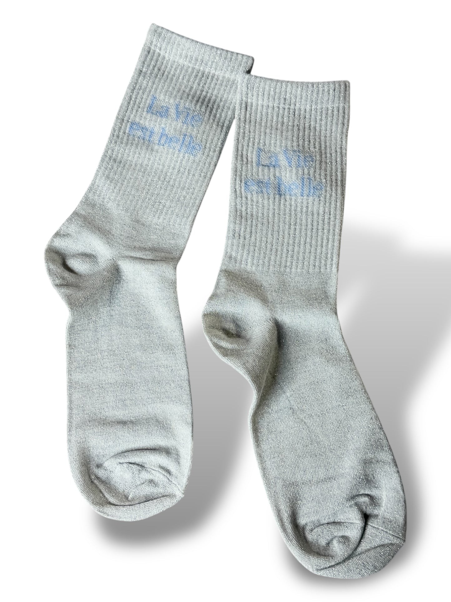 CHAUSSETTES SCINTILLANTES LA VIE EST BELLE BLANC ARGENTE