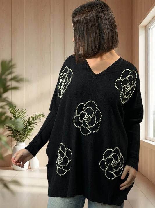 BIANCA - PULL OVERSIZE NOIR AVEC PERLE JUSQU'A LA TAILLE 54/56
