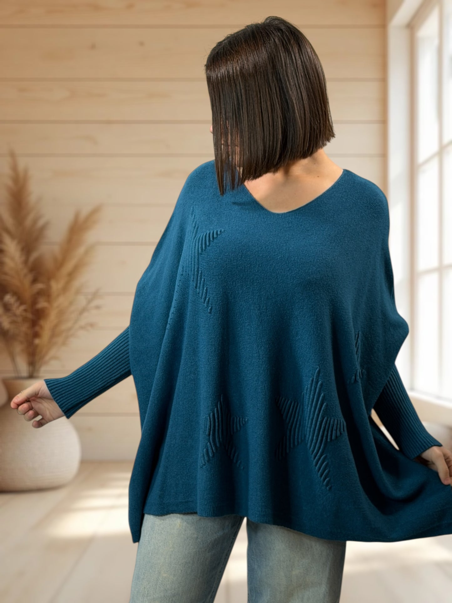 ZAZA - PULL OVERSIZE BLEU CANARD MOTIF ETOILE JUSQU'A LA TAILLE 56