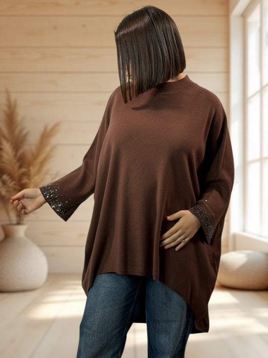 CORALINE - PULL OVERSIZE MARRON AVEC STRASS JUSQU'A LA TAILLE 56