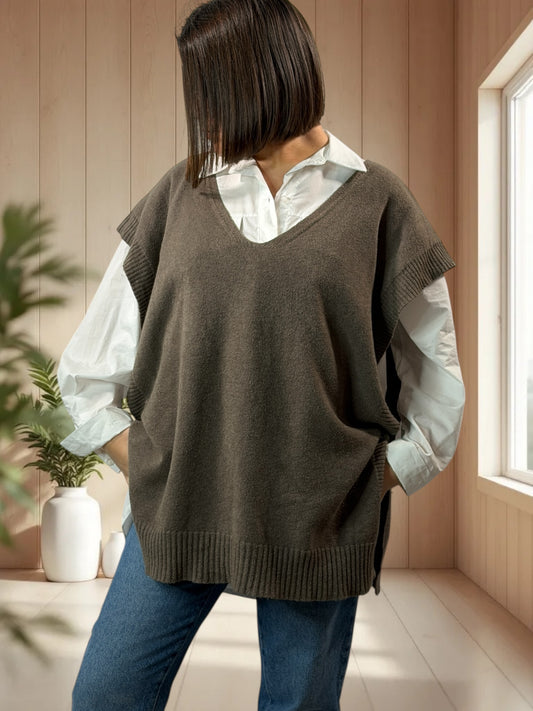 AURELIE - PULL TAUPE SANS MANCHES JUSQU'A LA TAILLE 52