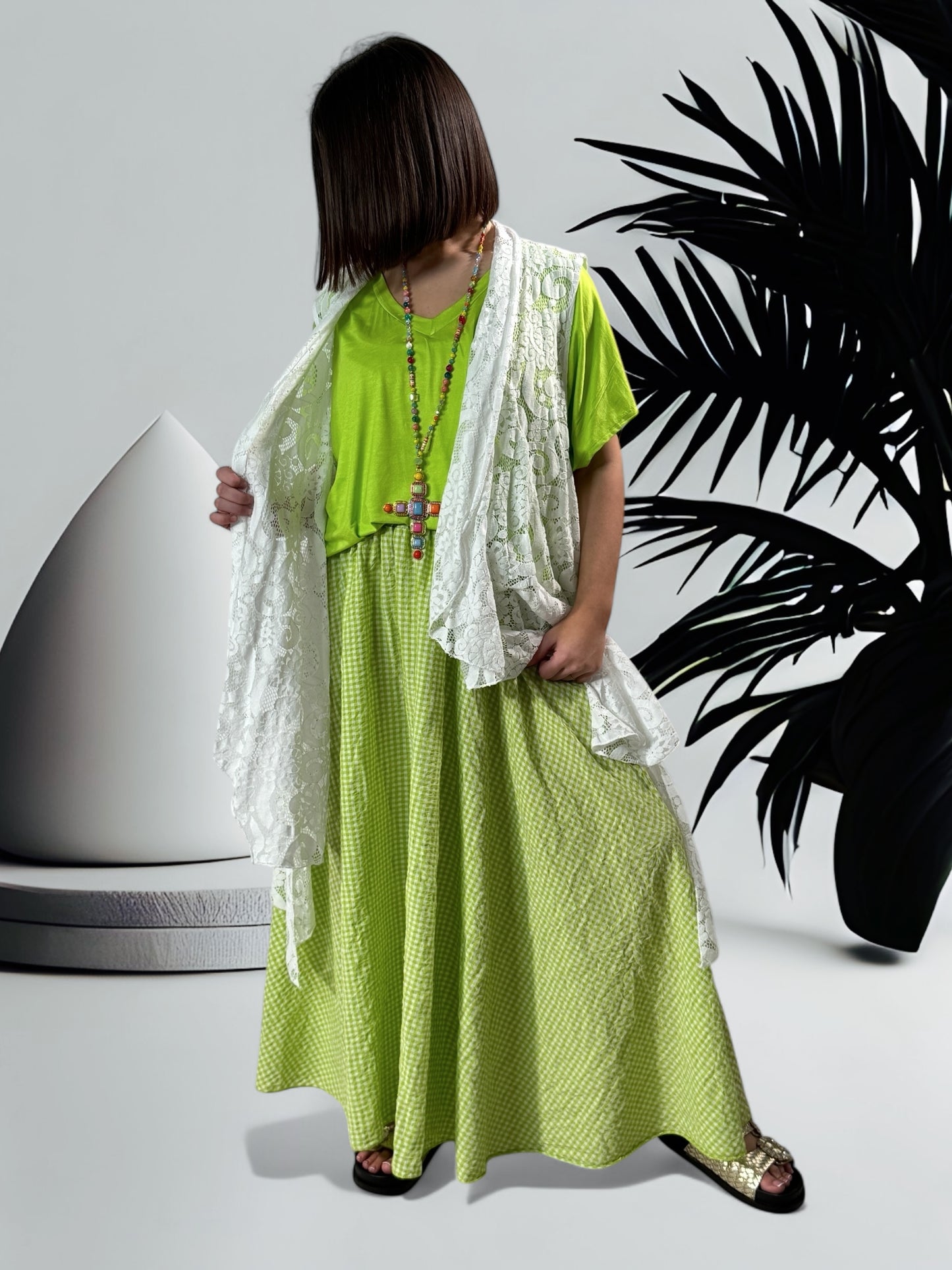 ESTIVALE - JUPE AMPLE VICHY VERT JUSQU'A LA TAILLE 52