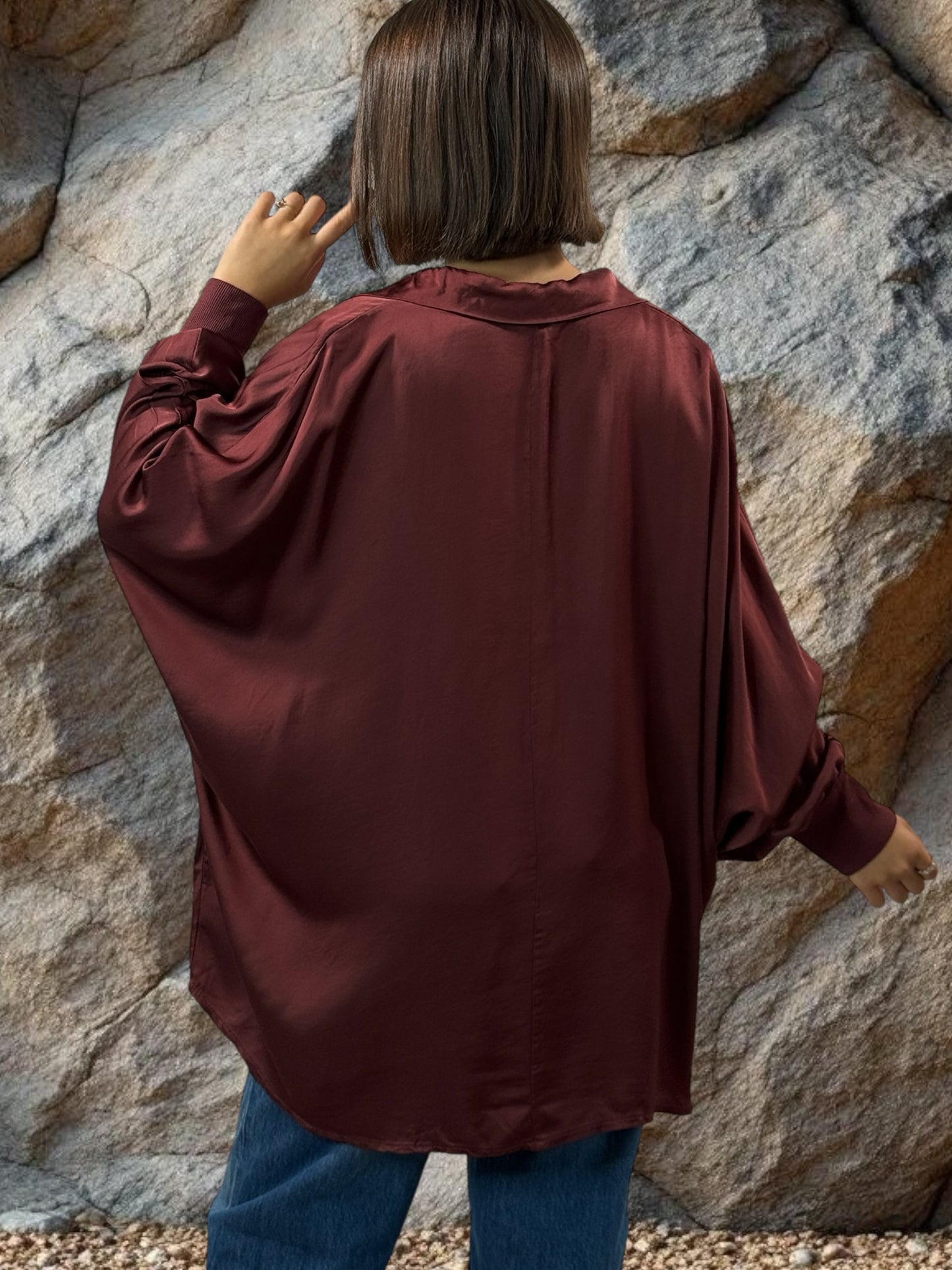 MONICA - TUNIQUE BORDEAUX OVERSIZE ASPECT SOIE JUSQU'A LA TAILLE 56
