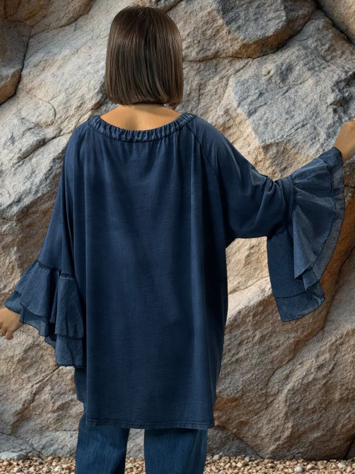 EMILIE - BLOUSE BLEUE EN COTON OVERSIZE JUSQU'A LA TAILLE 52