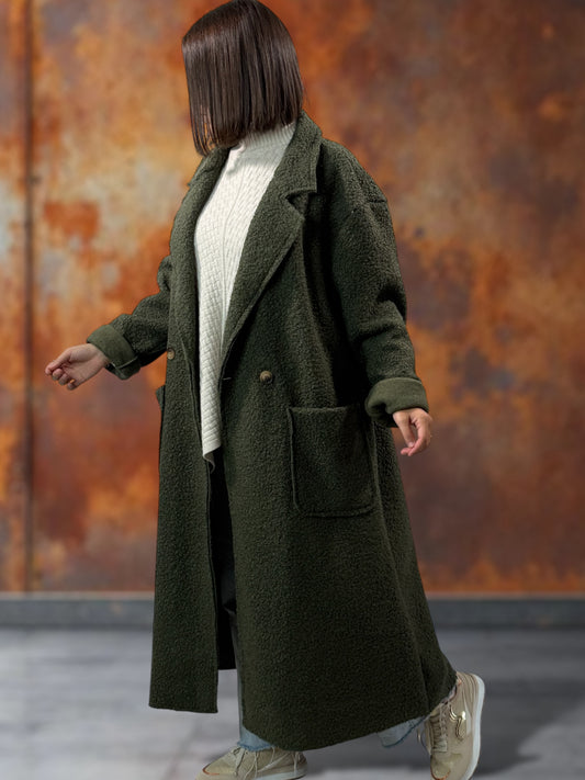 JULIEN - LONG MANTEAU KAKI EN BOUCLETTE JUSQU'A LA TAILLE 50/52