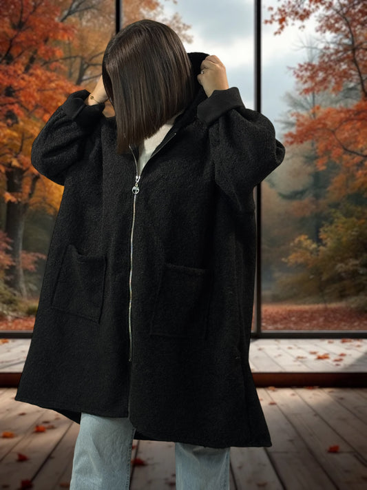 OCEANE - VESTE OVERSIZE NOIRE A CAPUCHE JUSQU'A LA TAILLE 54/56