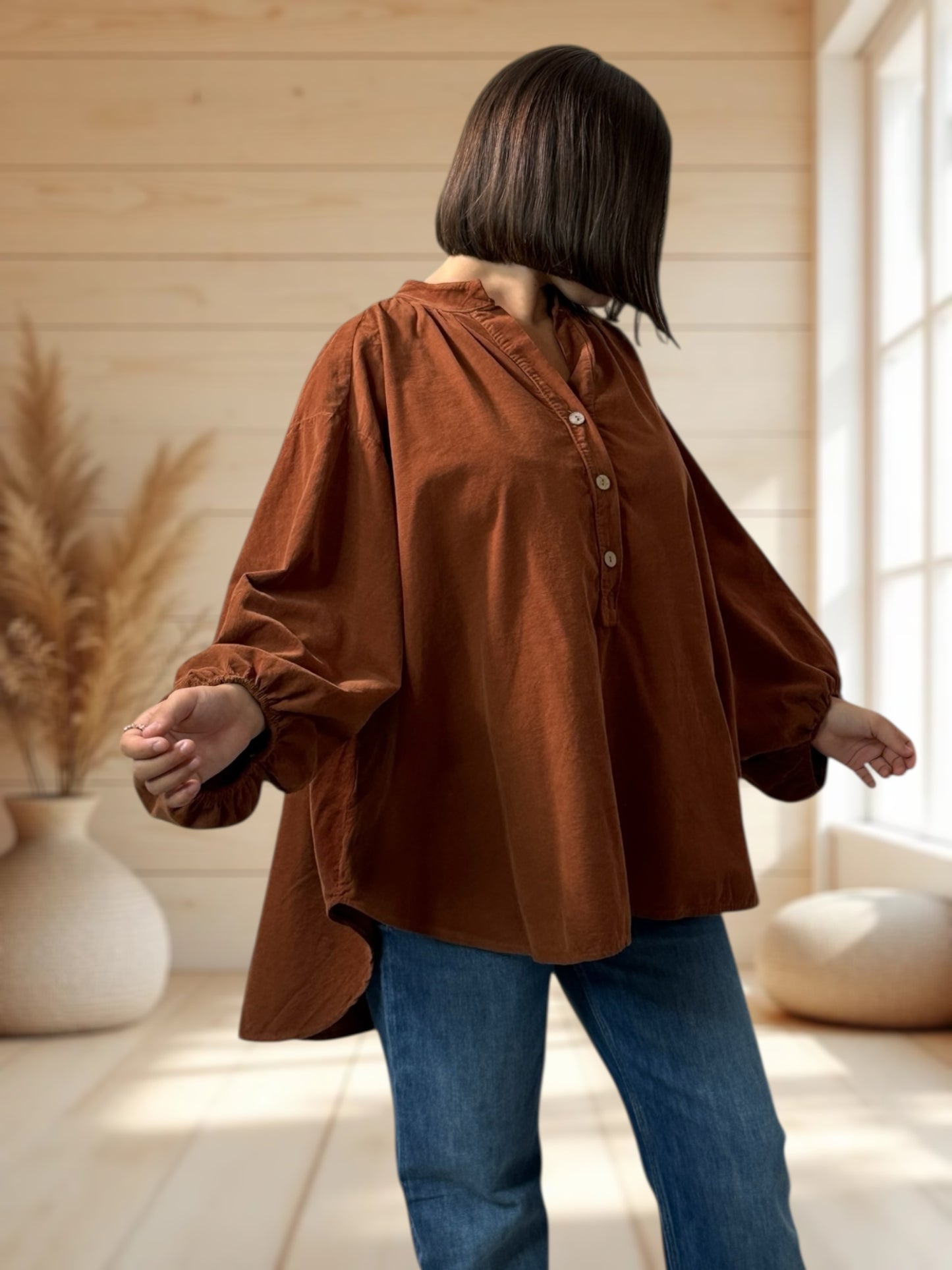 ALICIA - BLOUSE ROUILLE EN VELOURS MILLERAIES OVERSIZE JUSQU'A LA TAILLE 56