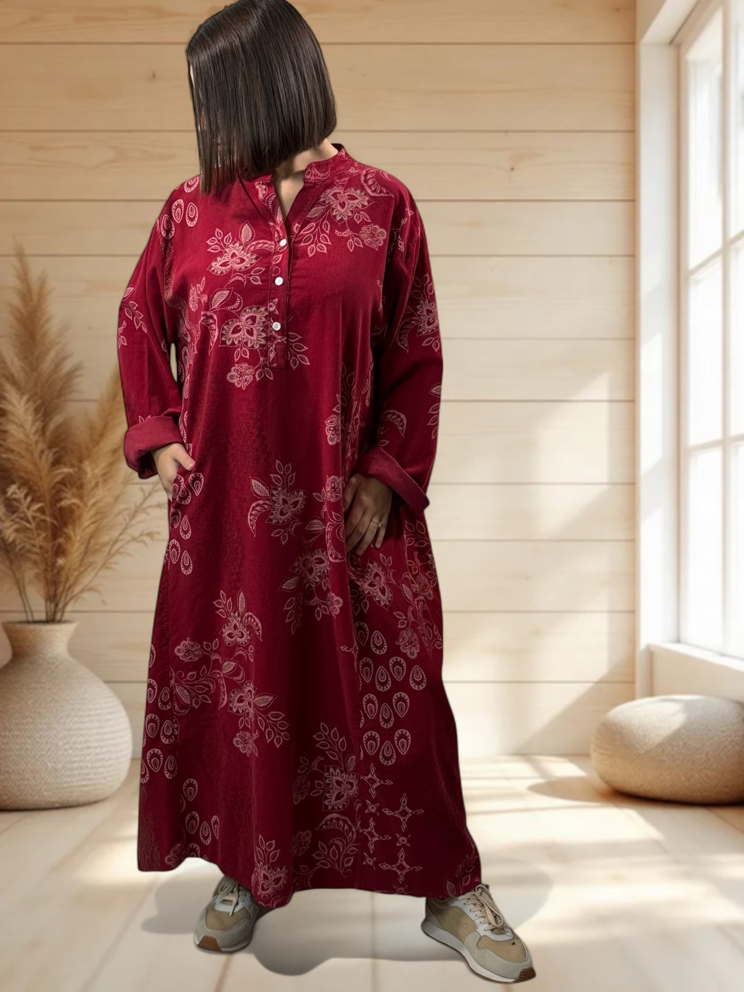 VERONE - ROBE BORDEAUX A MOTIF EN VELOURS JUSQU'A LA TAILLE 52