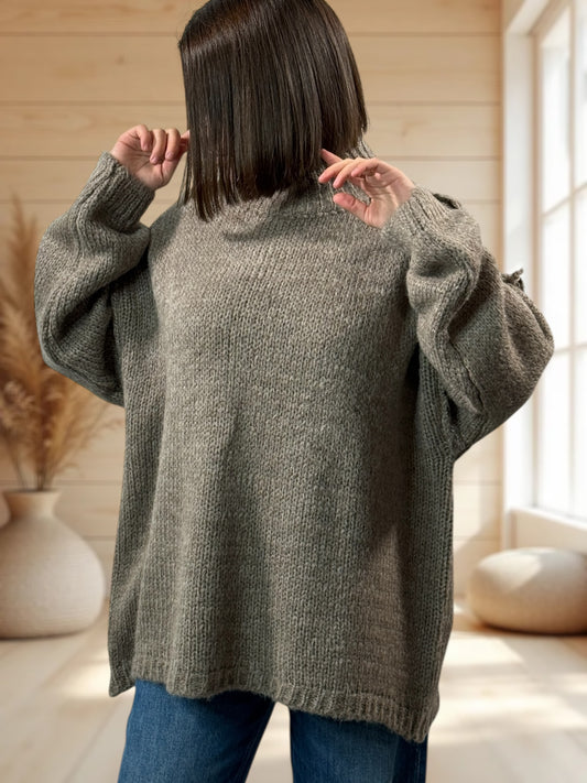 NATHY - PULL OVERSIZE TAUPE JUSQU'A LA TAILLE 54