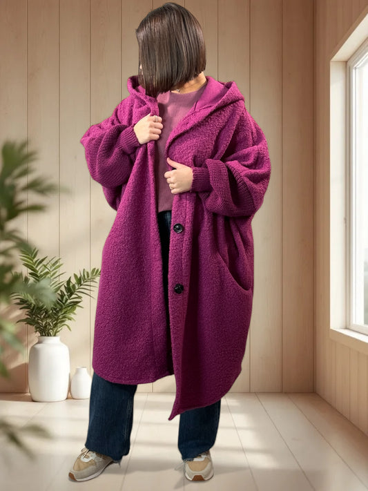 VIRGINIE - MANTEAU OVERSIZE CYCLAMEN A CAPUCHE JUSQU'A LA TAILLE 54
