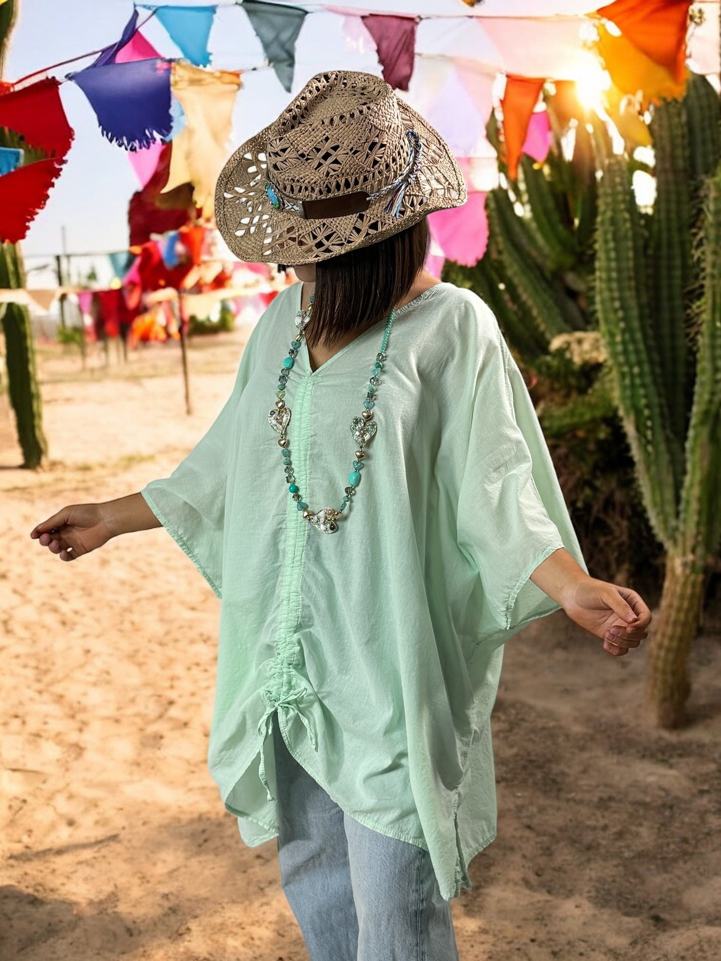 EMILIE - TUNIQUE OVERSIZE VERTE EN COTON JUSQU'A LA TAILLE 58