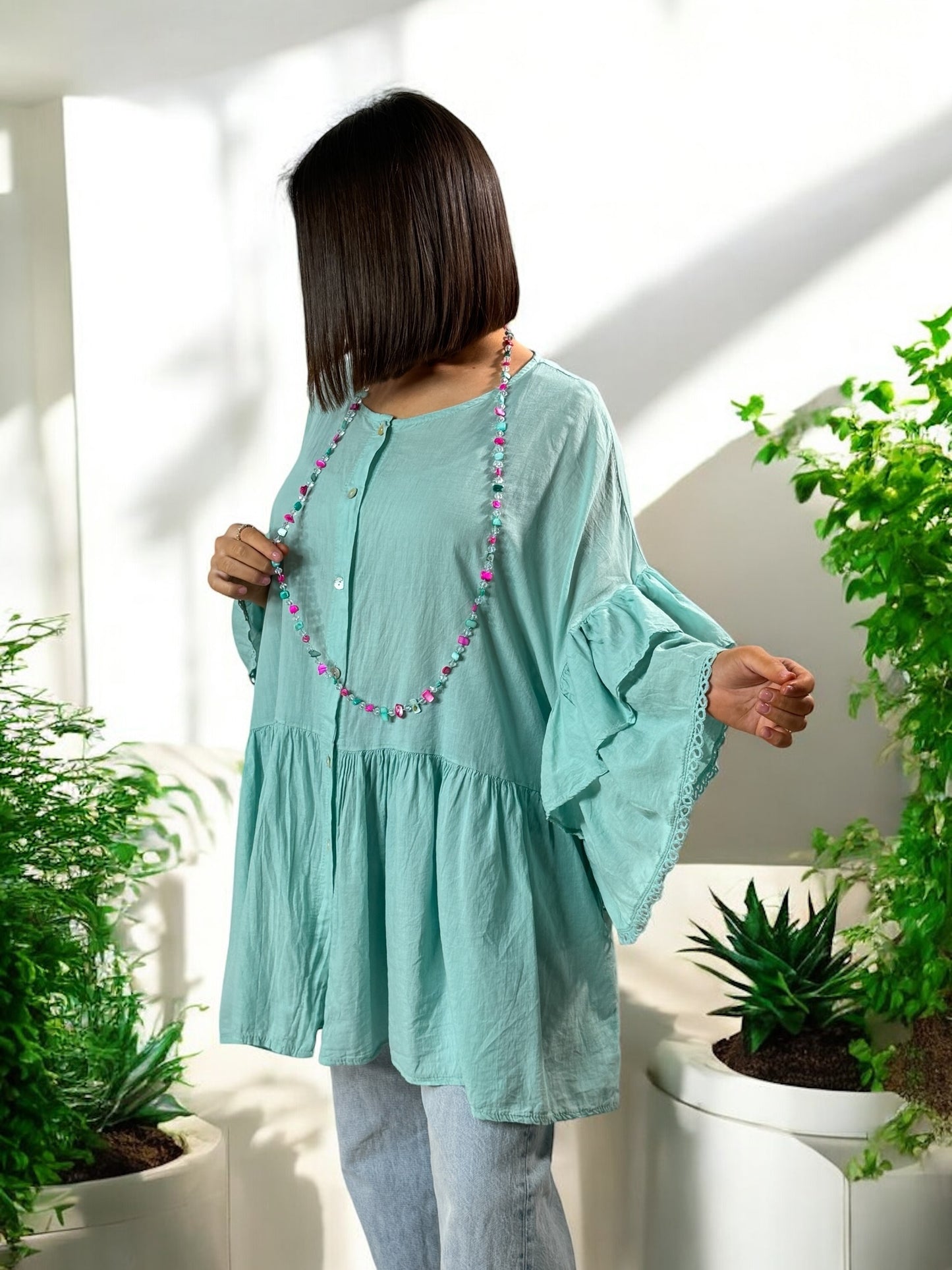CORALINE - BLOUSE OVERSIZE LAGON EN COTON JUSQU'A LA TAILLE 52/54