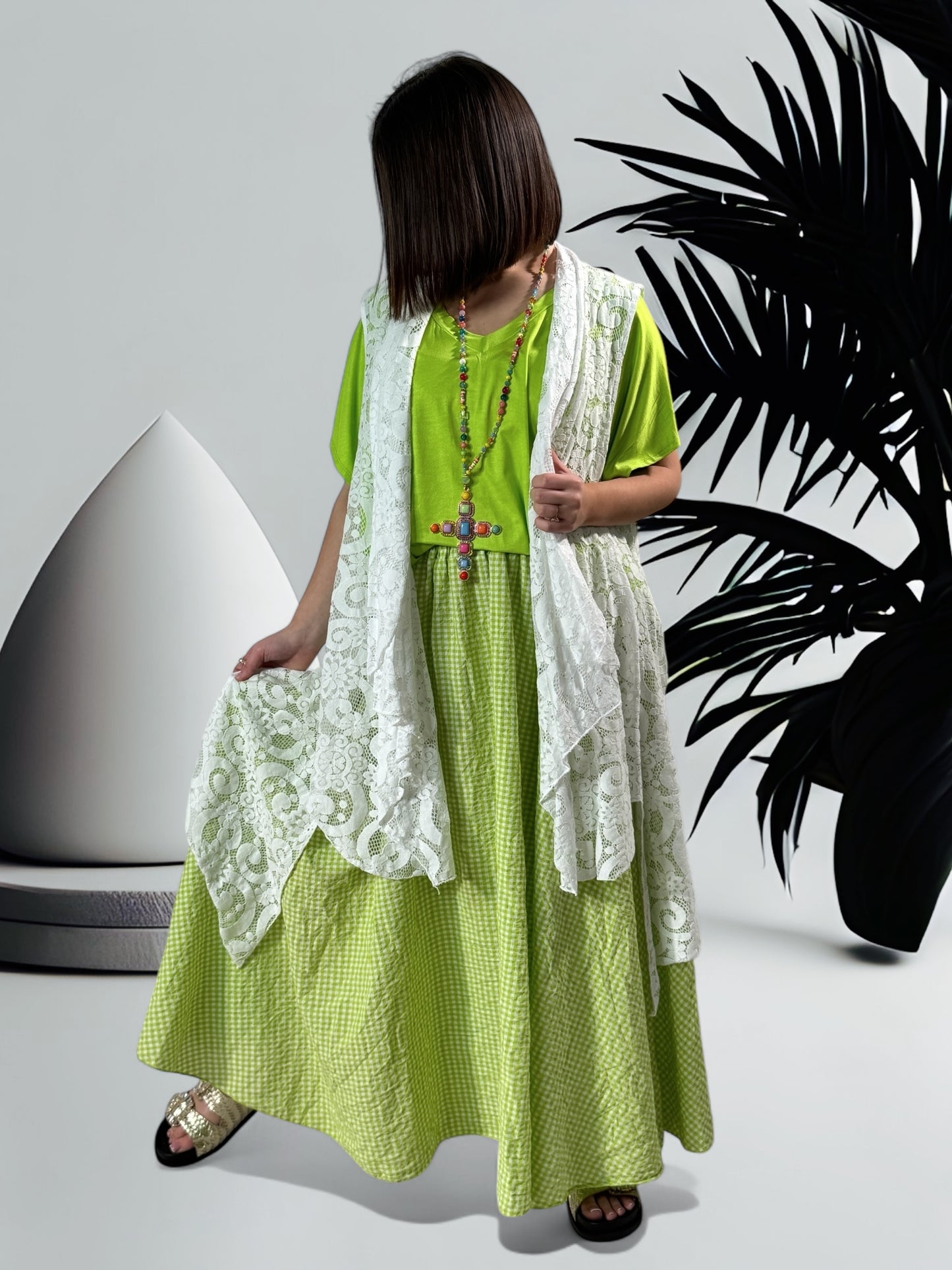 ESTIVALE - JUPE AMPLE VICHY VERT JUSQU'A LA TAILLE 52
