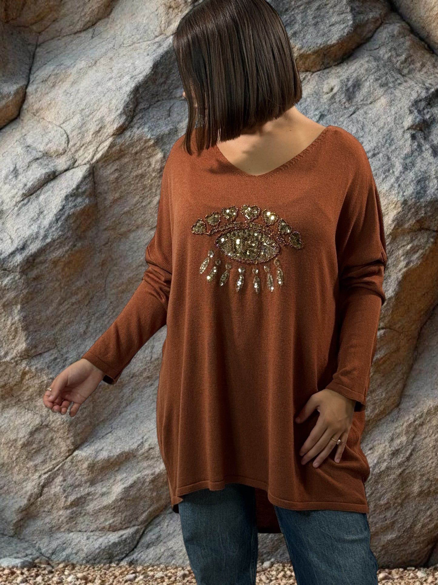 FREEDOM - PULL ROUX EN MAILLE FLUIDE OEIL EN SEQUINS JUSQU'A LA TAILLE 52