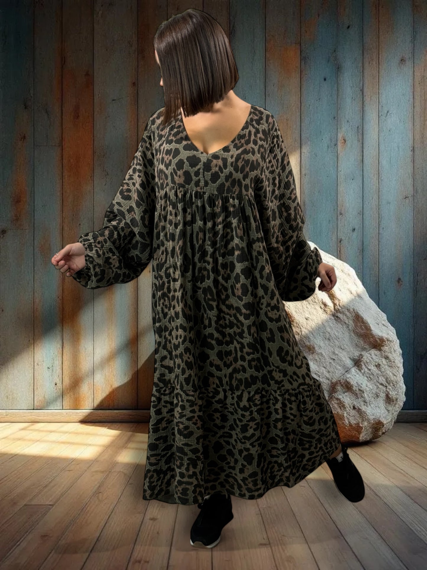 ANOUSHKA - ROBE LEOPARD KAKI JUSQU'A LA TAILLE 56