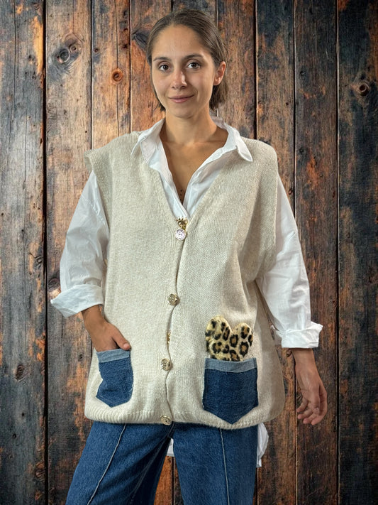 GIANNI - GILET BEIGE SANS MANCHE POCHES EN JEAN JUSQU'A LA TAILLE 52