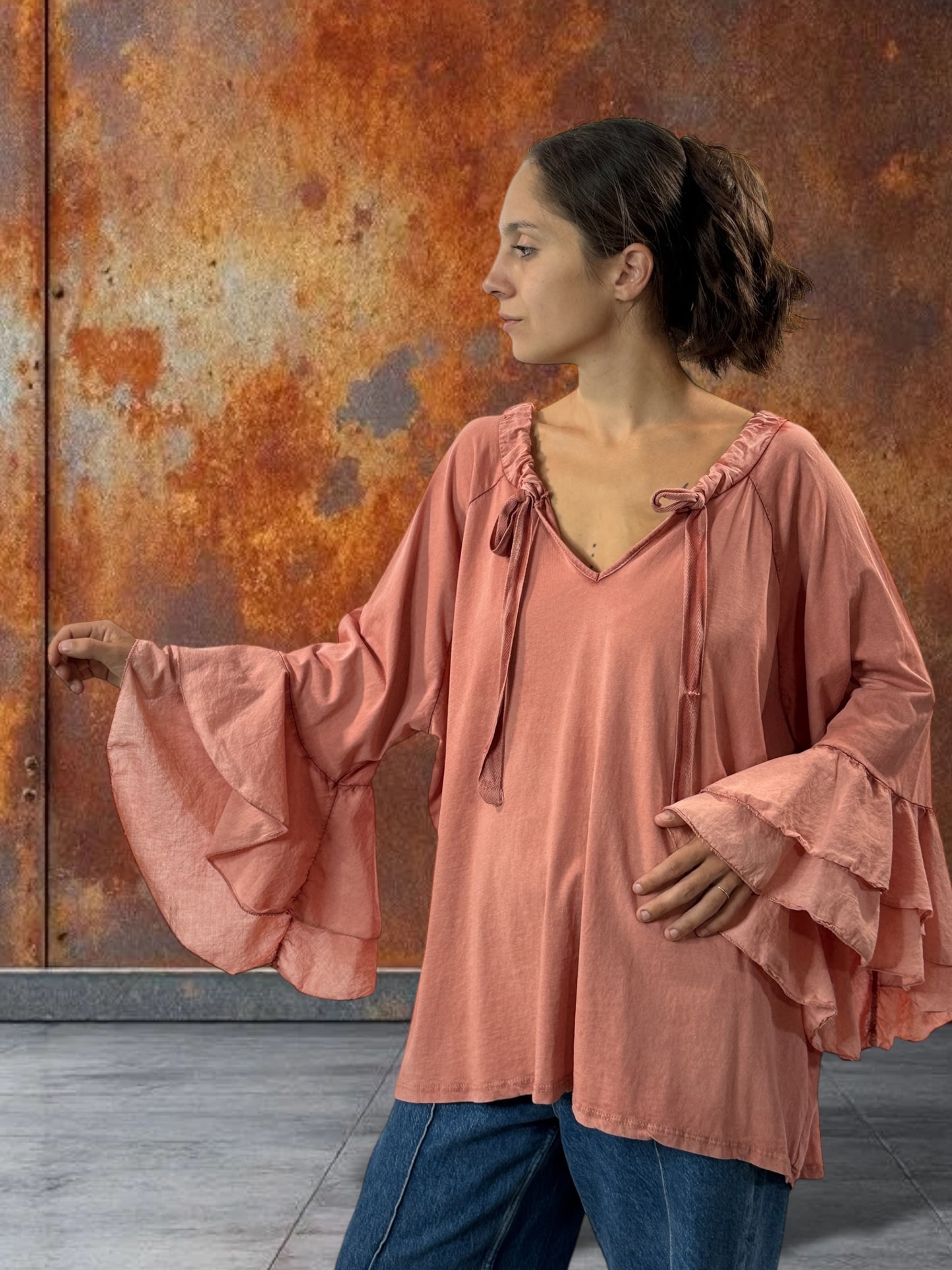 EMILIE - BLOUSE CORAIL EN COTON OVERSIZE JUSQU'A LA TAILLE 52