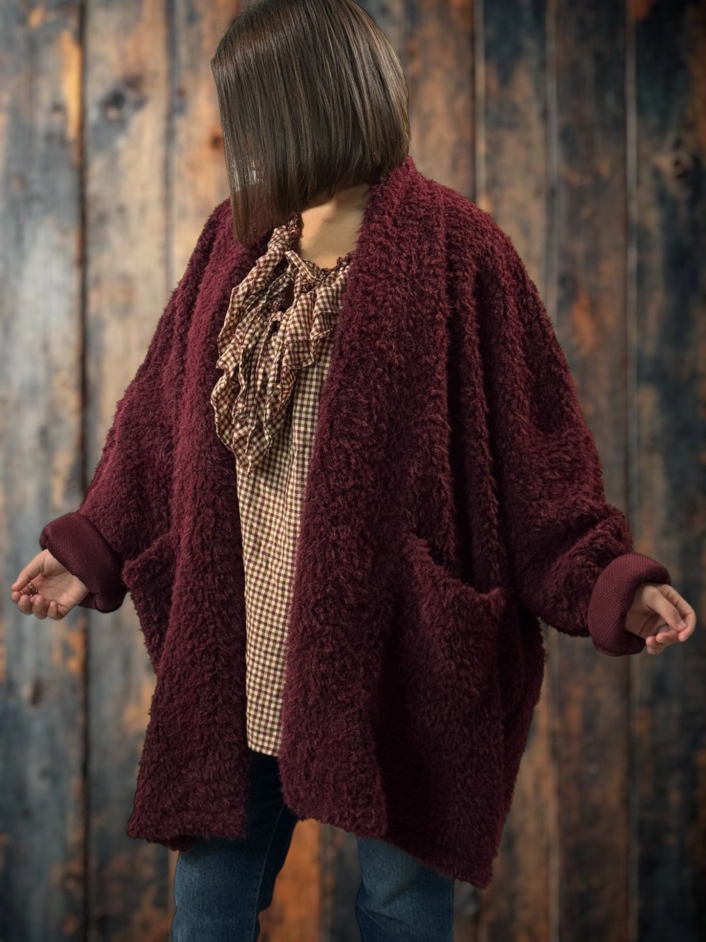 LILIROSE - VESTE OVERSIZE BORDEAUX EN MOUMOUTE JUSQU'A LA TAILLE 56/58