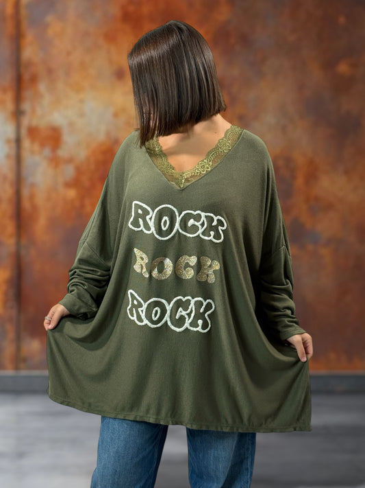 ELSA - PULL KAKI EN MAILLE BORDE DE DENTELLE JUSQU'A LA TAILLE 56/58