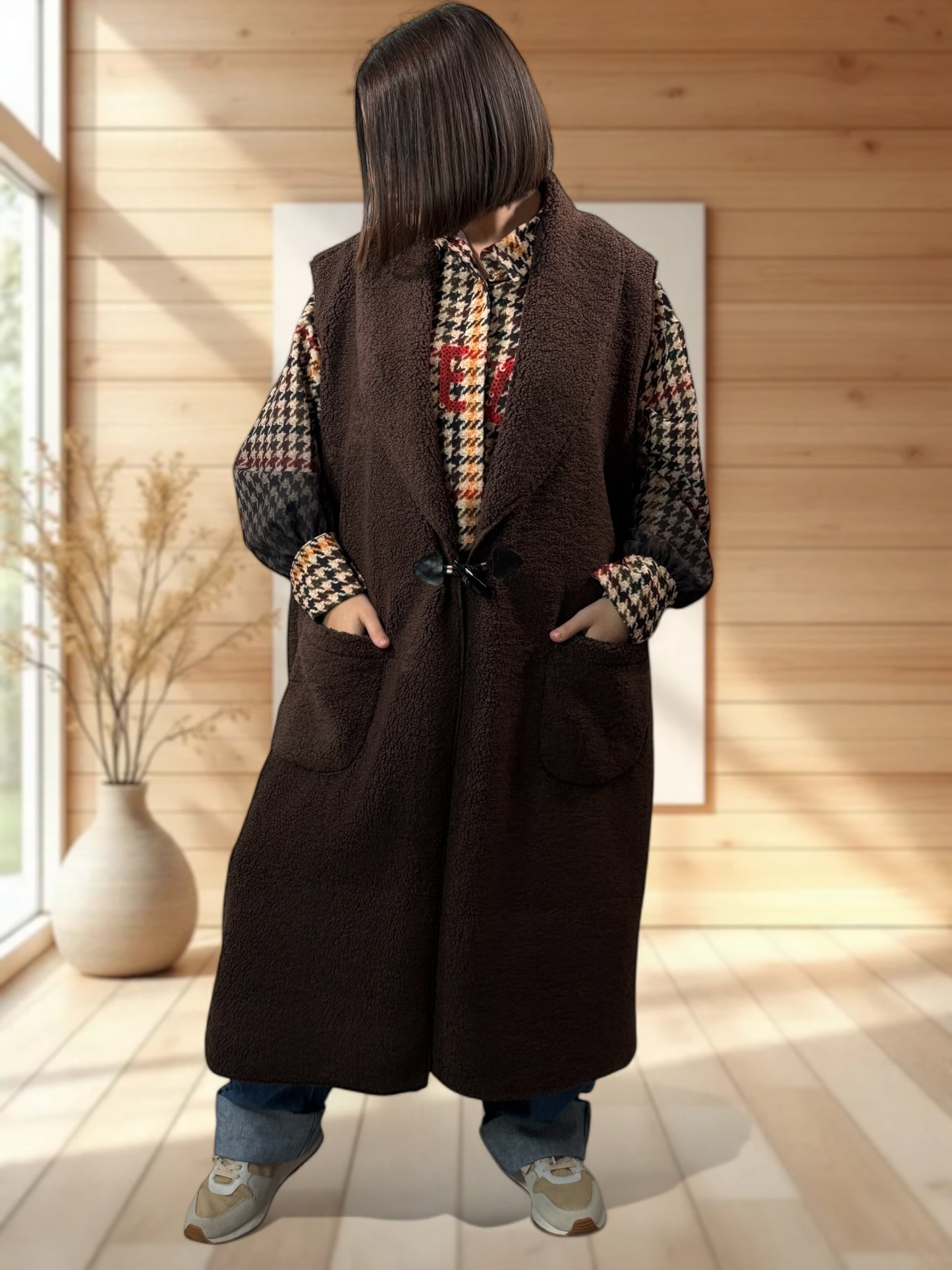 MAUD - GILET MARRON SANS MANCHES JUSQU'A LA TAILLE 54/56