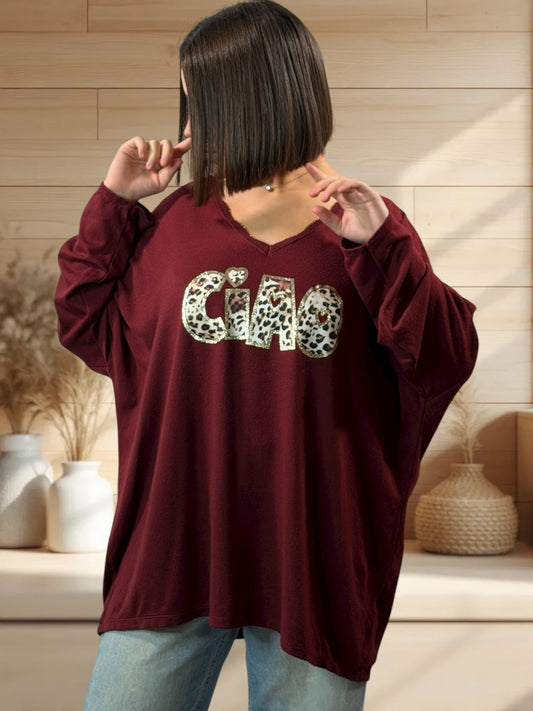 CIAO - PULL BORDEAUX EN MAILLE FLUIDE JUSQU'A LA TAILLE 54/56