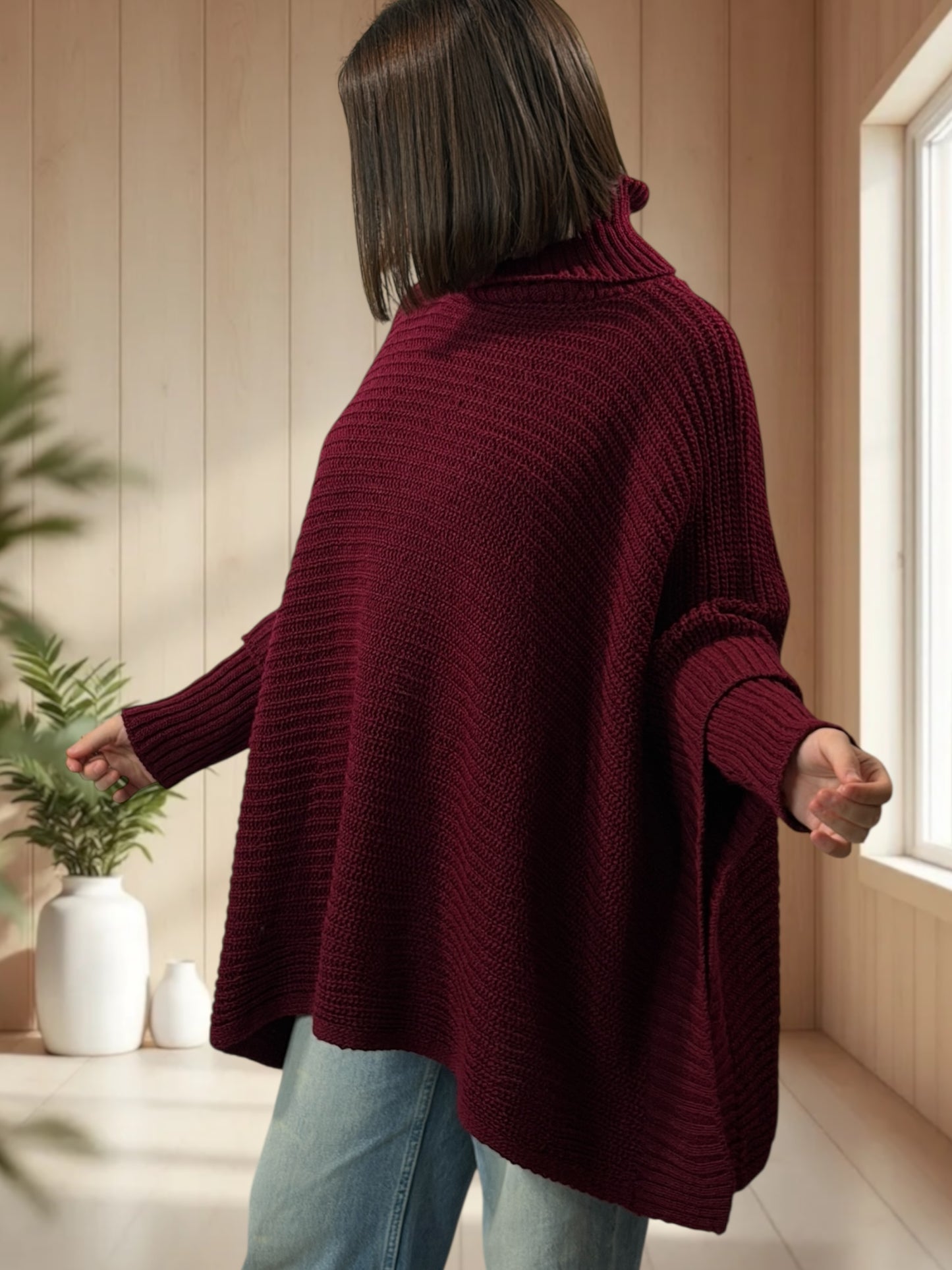 HELLO - PULL PONCHO BORDEAUX OVERSIZE JUSQU'A LA TAILLE 56/58