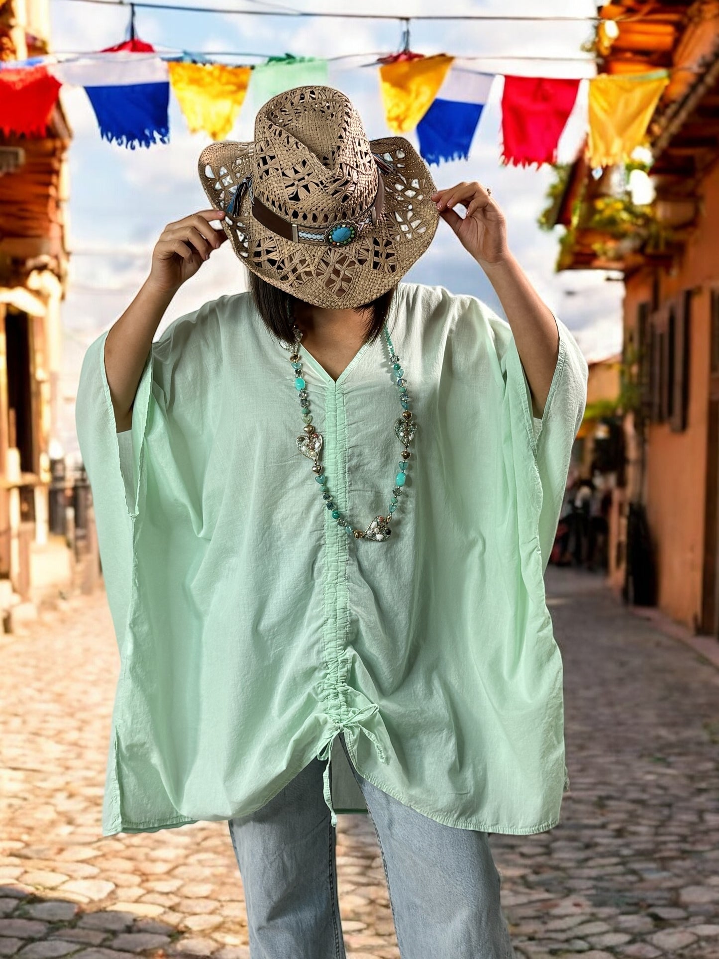 EMILIE - TUNIQUE OVERSIZE VERTE EN COTON JUSQU'A LA TAILLE 58