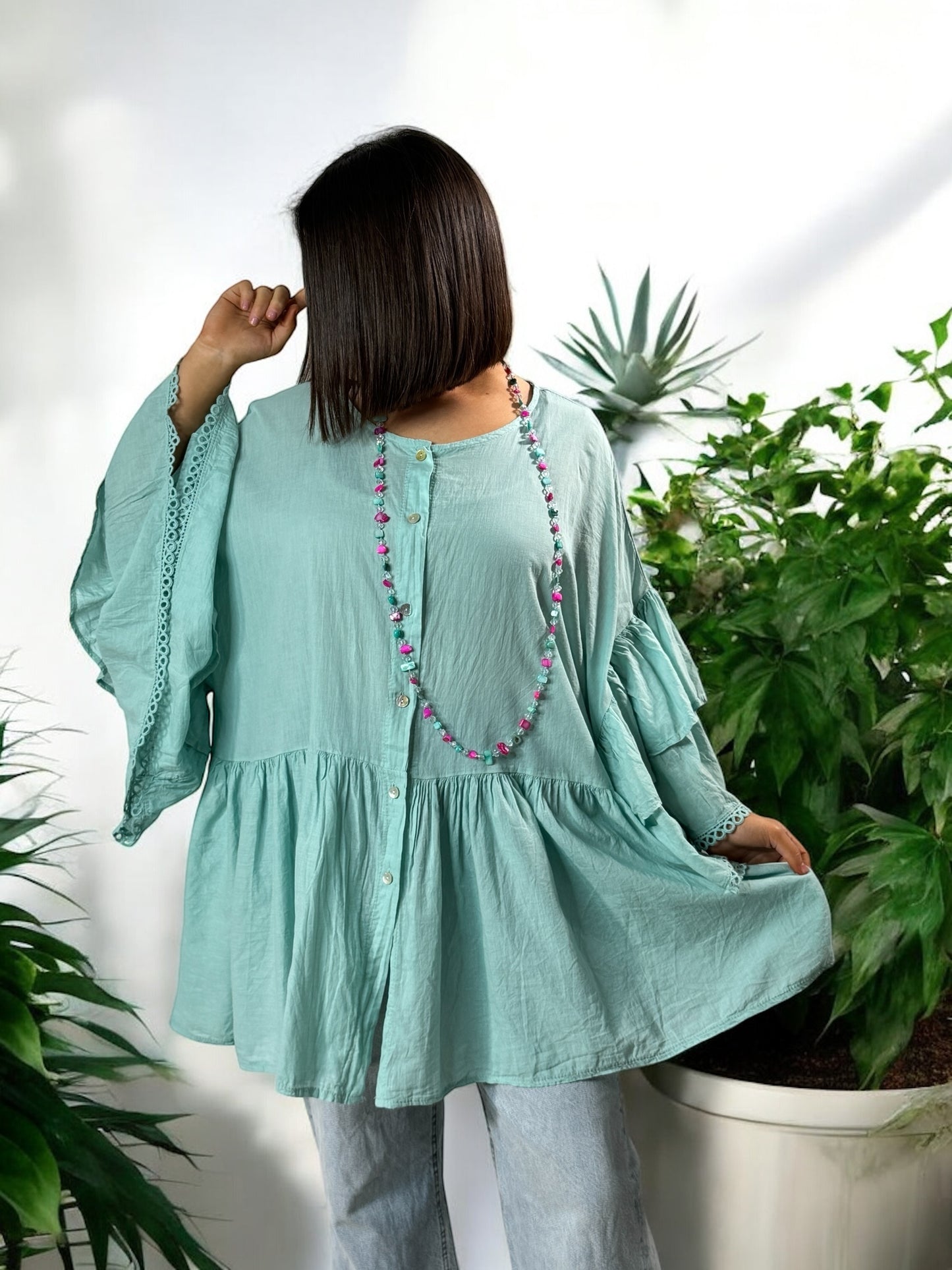 CORALINE - BLOUSE OVERSIZE LAGON EN COTON JUSQU'A LA TAILLE 52/54