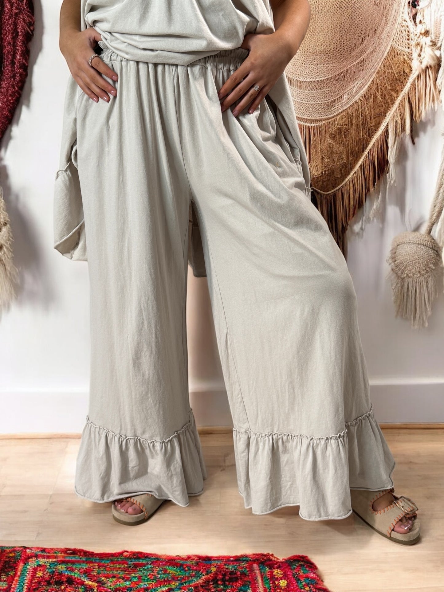 CANNES - ENSEMBLE TUNIQUE ET PANTALON FLUIDE BEIGE JUSQU'A LA TAILLE 52