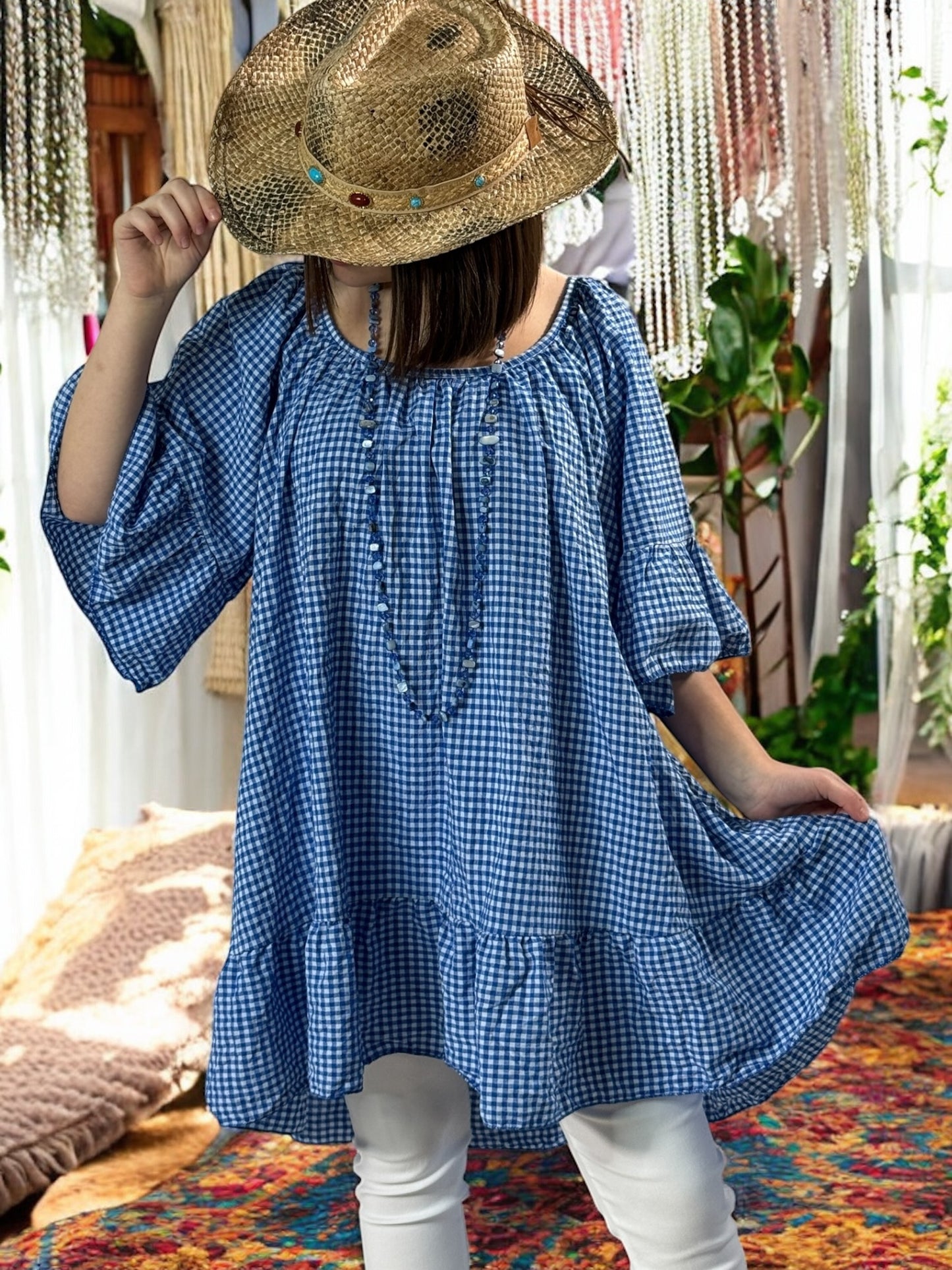 DEBORAH - TUNIQUE VICHY BLEU IMPERIAL JUSQU'A LA TAILLE 54/56