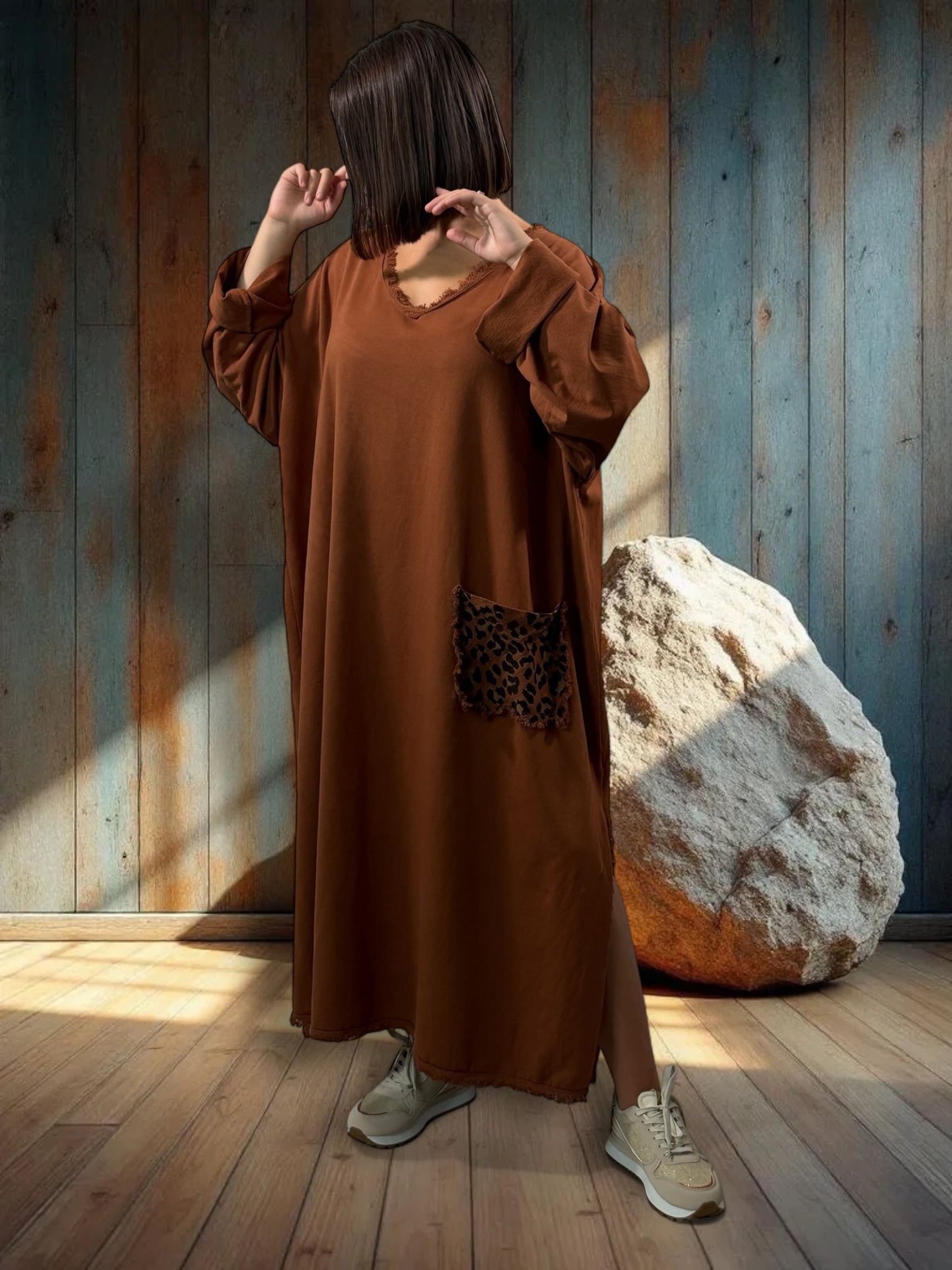 SALOME - ROBE OVERSIZE ROUILLE POCHE LEOPARD JUSQU'A LA TAILLE 58